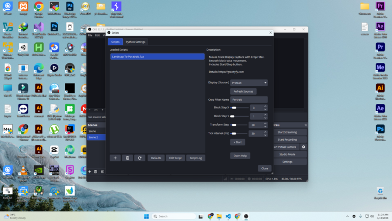 Vertical portrait screen capture using OBS crop filter script
